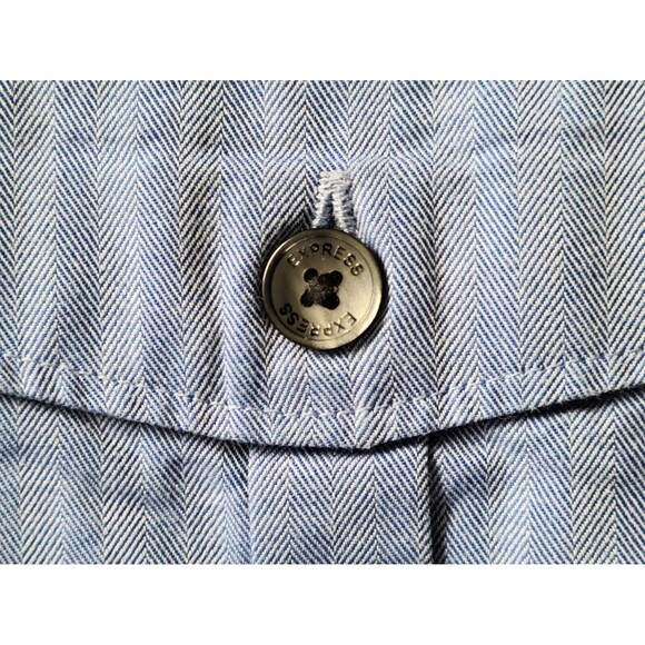 Express Mens Fitted Cotton Herringbone Shirt M Blue Button-Down Roll-Up Sleeve - Picture 7 of 8